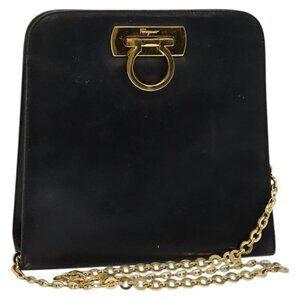 Salvatore Ferragamo Gancini Chain Shoulder Bag Leather Black Gold Auth MX455